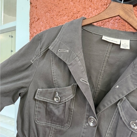 DKNY Womens Cargo Khaki Trench Jacket Longsleeve Utility Button Coat Size Medium - Picture 2 of 5